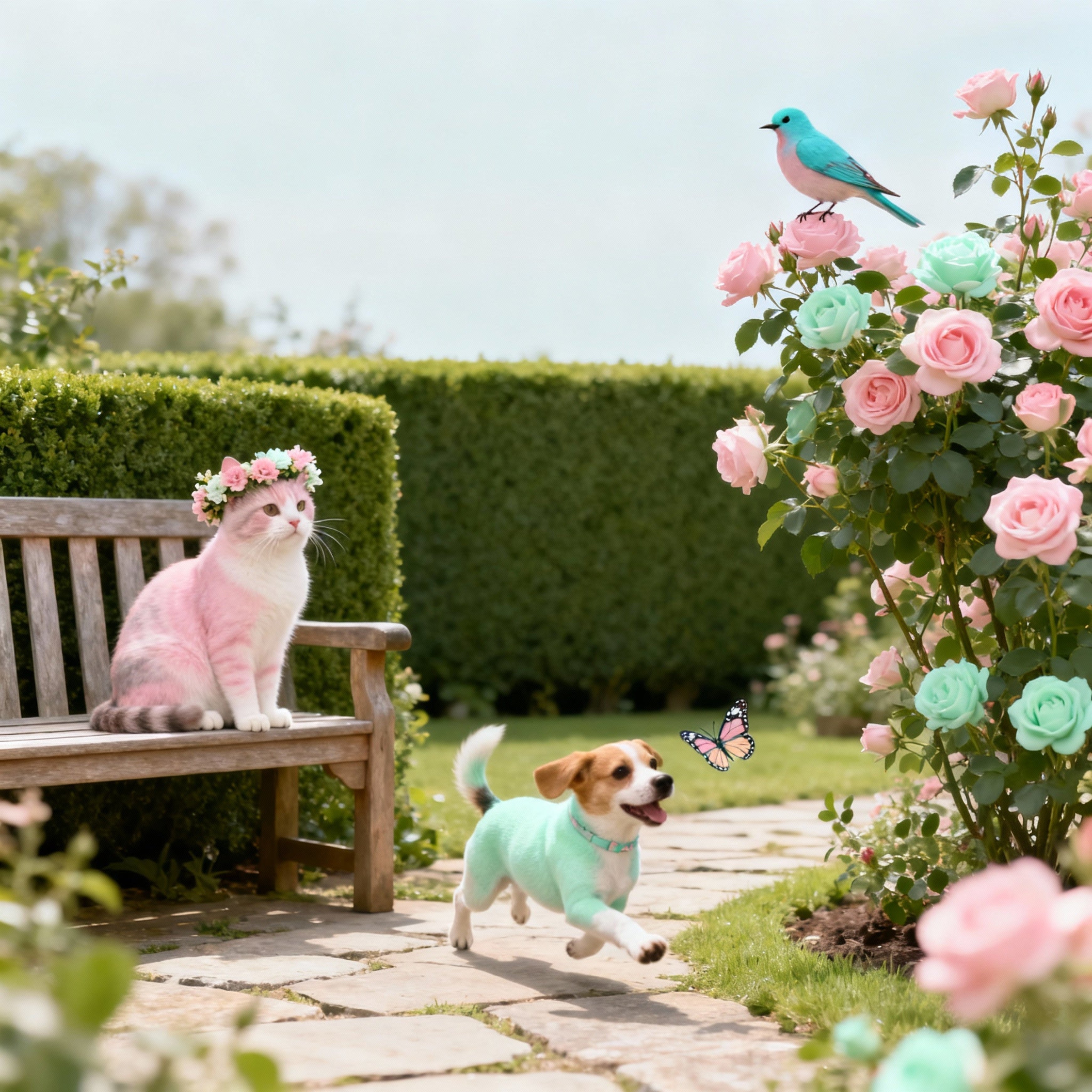 Cat and dog in a garden with flowers and a bird.