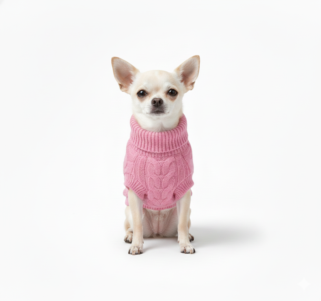 Pink Cable Knit Dog Sweater - Extra Warm Winter Clothing for Small Dogs and Cats with Cozy Turtleneck