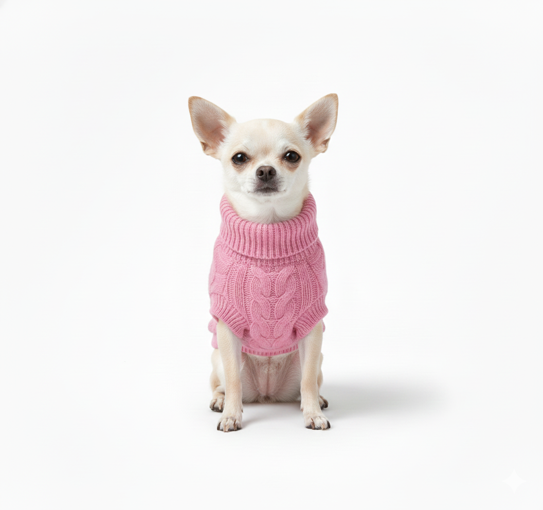 Pink Cable Knit Dog Sweater - Extra Warm Winter Clothing for Small Dogs and Cats with Cozy Turtleneck