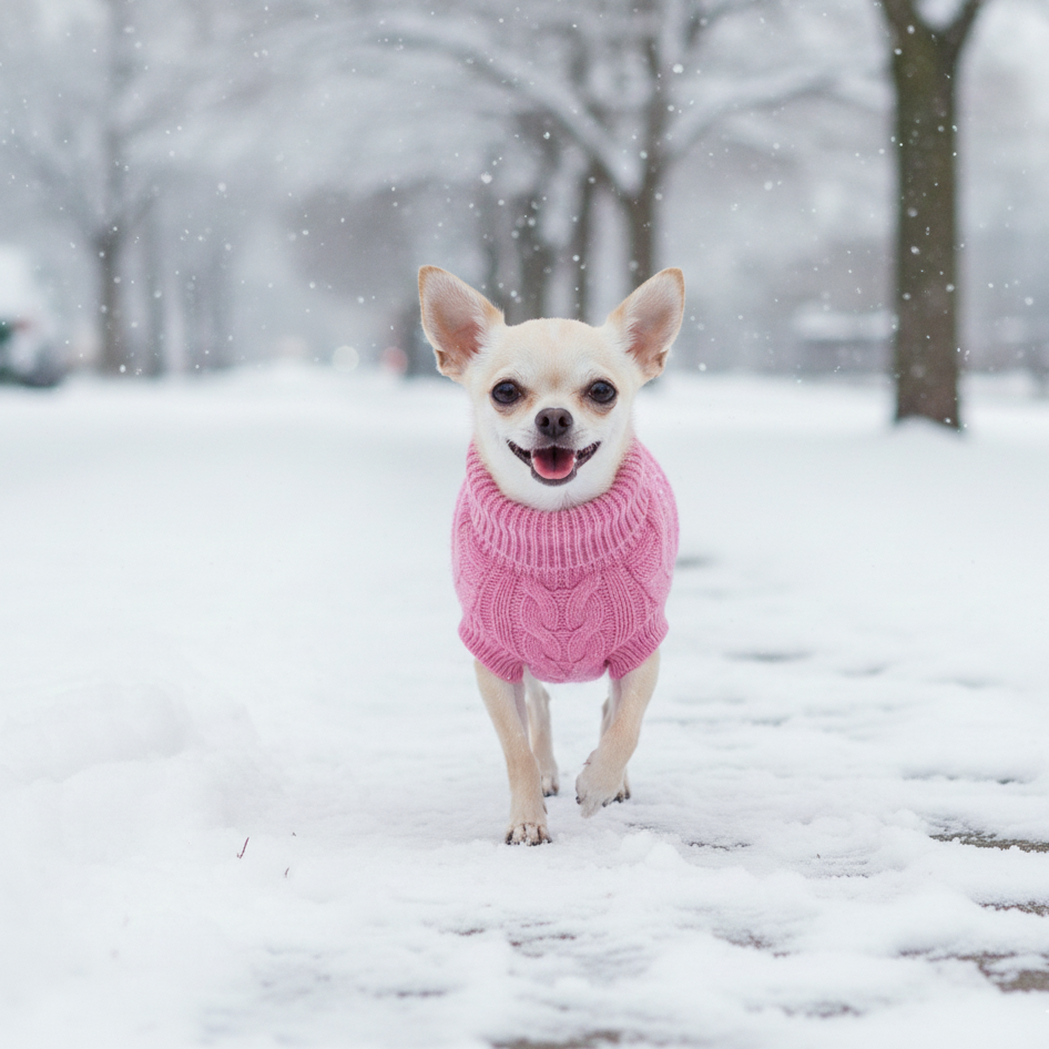 Pink Cable Knit Dog Sweater - Extra Warm Winter Clothing for Small Dogs and Cats with Cozy Turtleneck