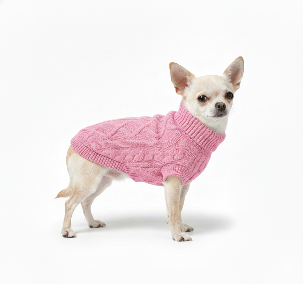 Pink Cable Knit Dog Sweater - Extra Warm Winter Clothing for Small Dogs and Cats with Cozy Turtleneck