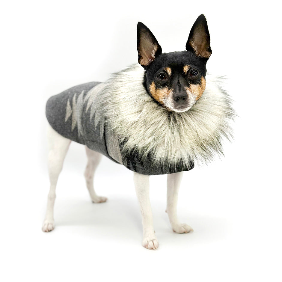 Charcoal Southwest Dog Coat - Navajo Blanket Jacket with Faux Fur Collar